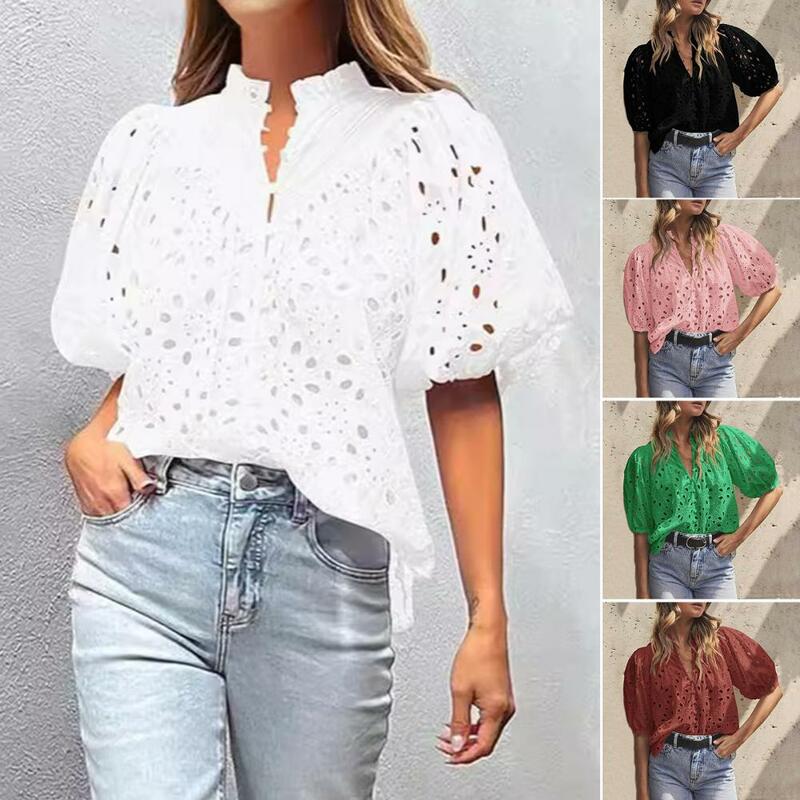 Women Casual Summer Tops V-neck Lantern Short Sleeve Shirt Hollow Flower Pattern Blouse Solid Color Pullover Tops Streetwear