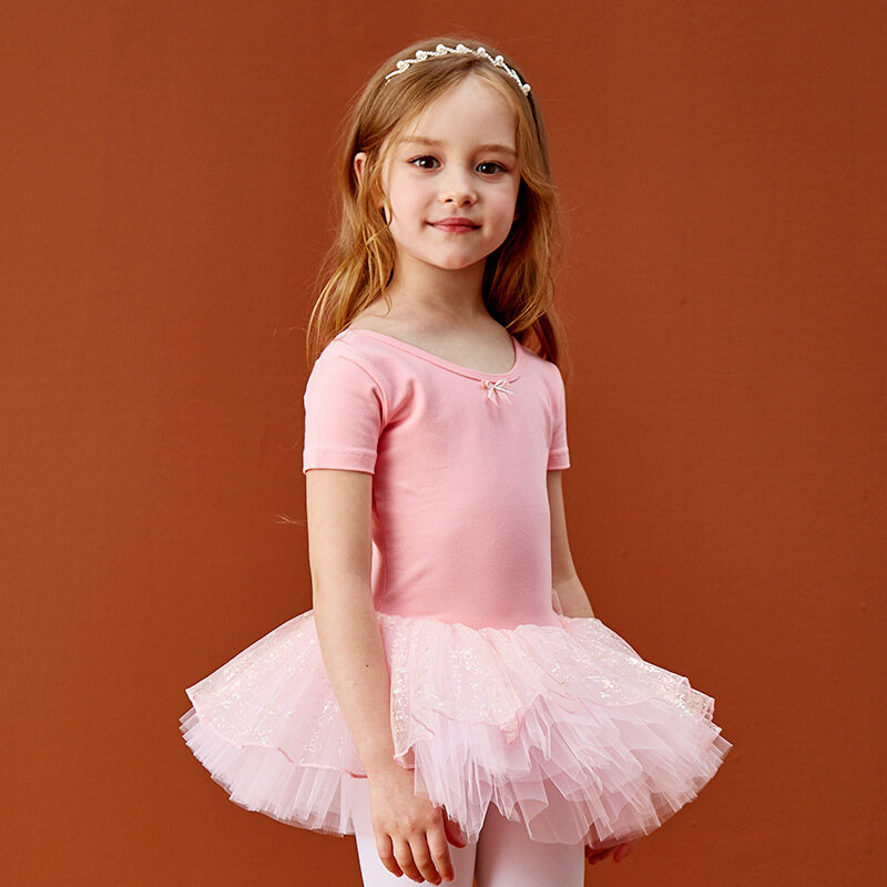 CLYFAN baju dansa anak perempuan, gaun balet elegan lengan pendek pakaian dansa rok olahraga latihan senam anak-anak leotardos menari