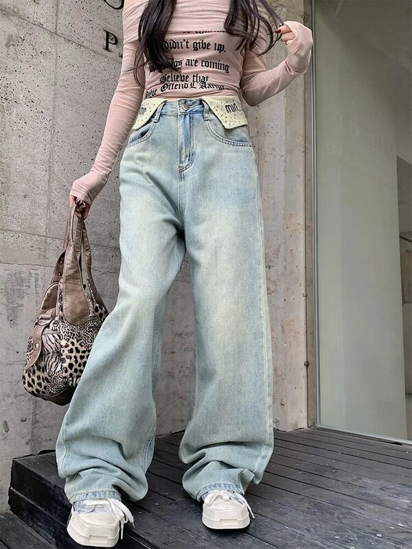 Slergiri-pantalones vaqueros holgados para mujer, ropa de calle Vintage con puños, moda americana, Y2k, cintura alta, pierna ancha, informal, 2024