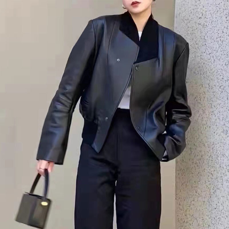여성용 진짜 가죽 재킷, 영국 스타일 짧은 재킷, 패션 양가죽 재킷, 2023 가을 신상 용수철