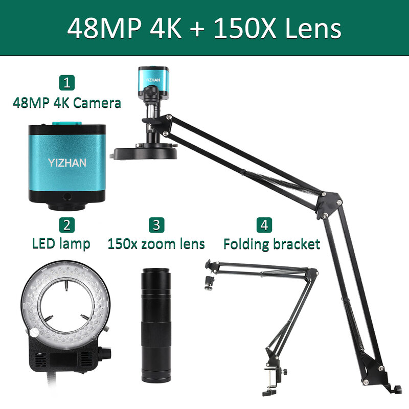 전자 렌즈용 4K 현미경, 48MP 디지털 현미경 카메라 옵션, 1-150x 렌즈 LED 조명, 접이식 브래킷, 전화 PCB 납땜