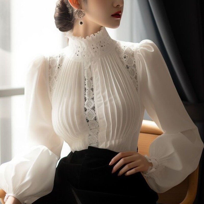 Blusa de cuello alto para mujer, camisa de manga larga con encaje de retales fruncidos, Color liso, Primavera, 2024