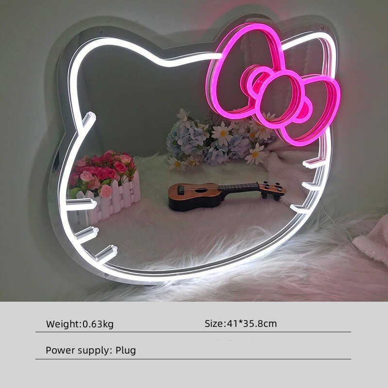 Enseigne au néon à LED pour décoration de chambre de fille, lampe de décor, art de fête, décoration murale, forme de Hello Kitty, amour, rectangle, miroir