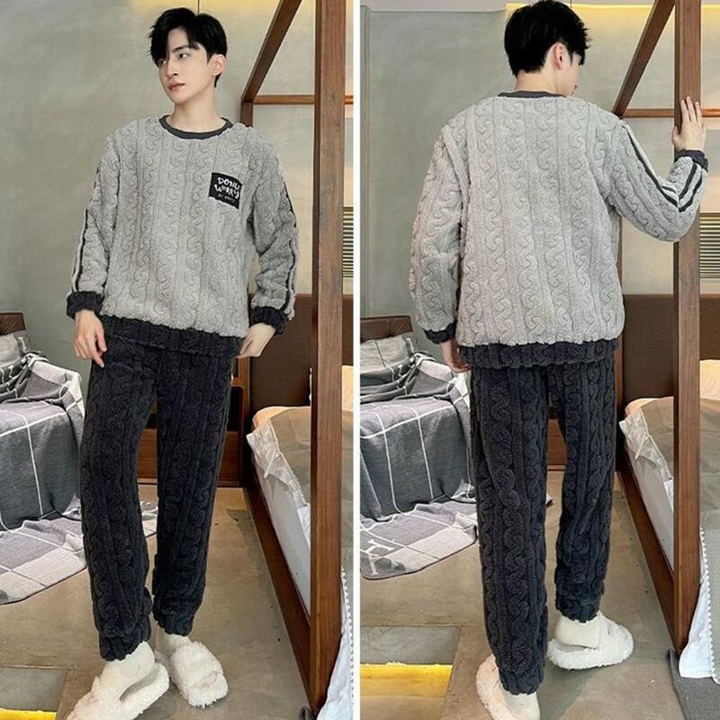 Thick Pajamas Round Neck Long Sleeve Thickened Homecoat Set Thick Twisted Texture Elastic Waist Men's Winter Pajamas Set for Men