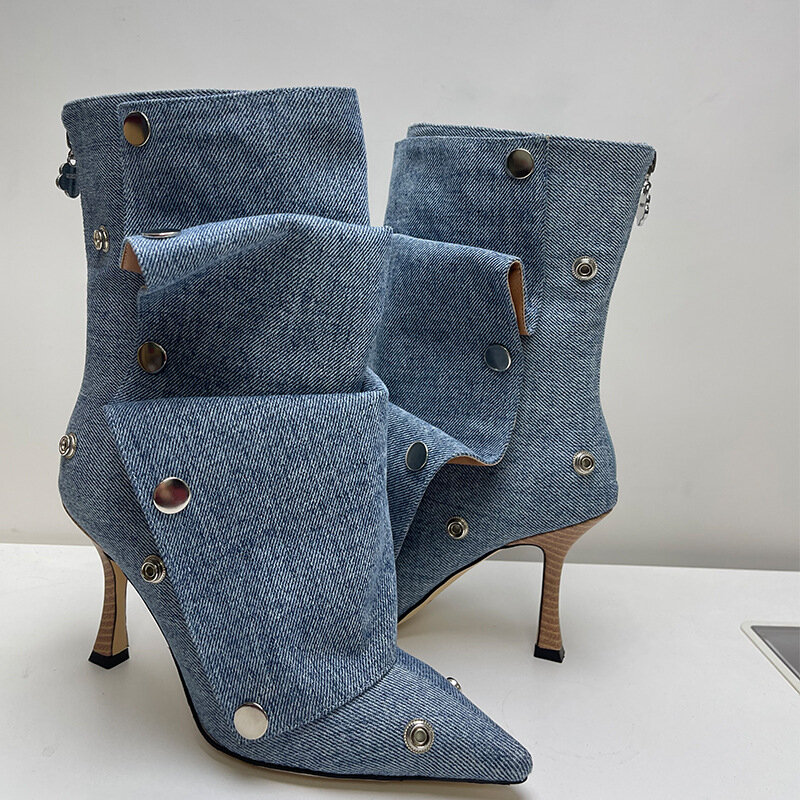 Wrinkled Metal Buttons Spliced Denim Boots 2024 Women Fashion Show Folding Mid-calf Boots 34-43 Auto Show Model Fashion Boot