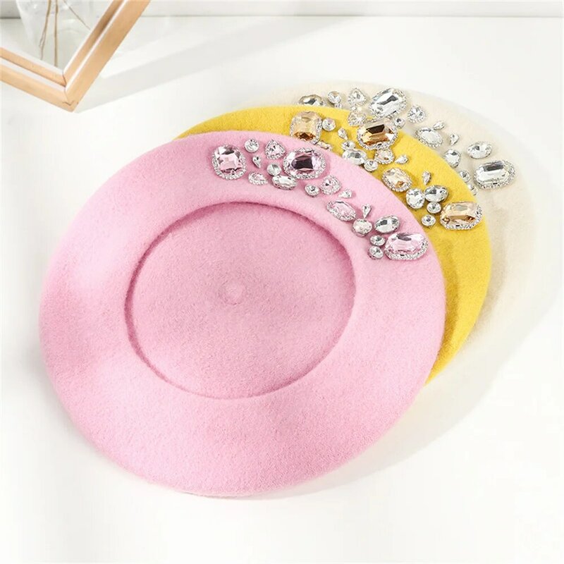 Kpop-女性のための韓国のウールの帽子,手作りのダイヤモンドのウールの帽子,ダイヤモンドのラインストーンで飾られた,素敵なキャップ,ファンへのギフト