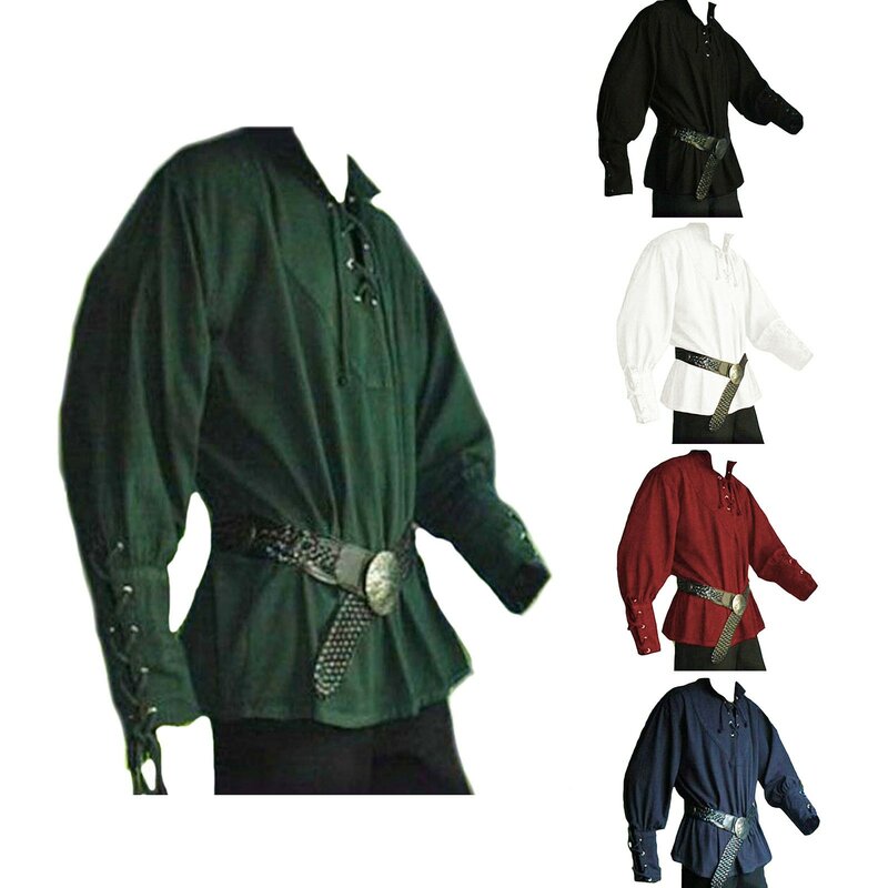 Camisas Vintage de vendaje Medieval de estilo nacional para hombre, camisa suelta informal de manga larga con cuello vuelto, Tops de Color sólido