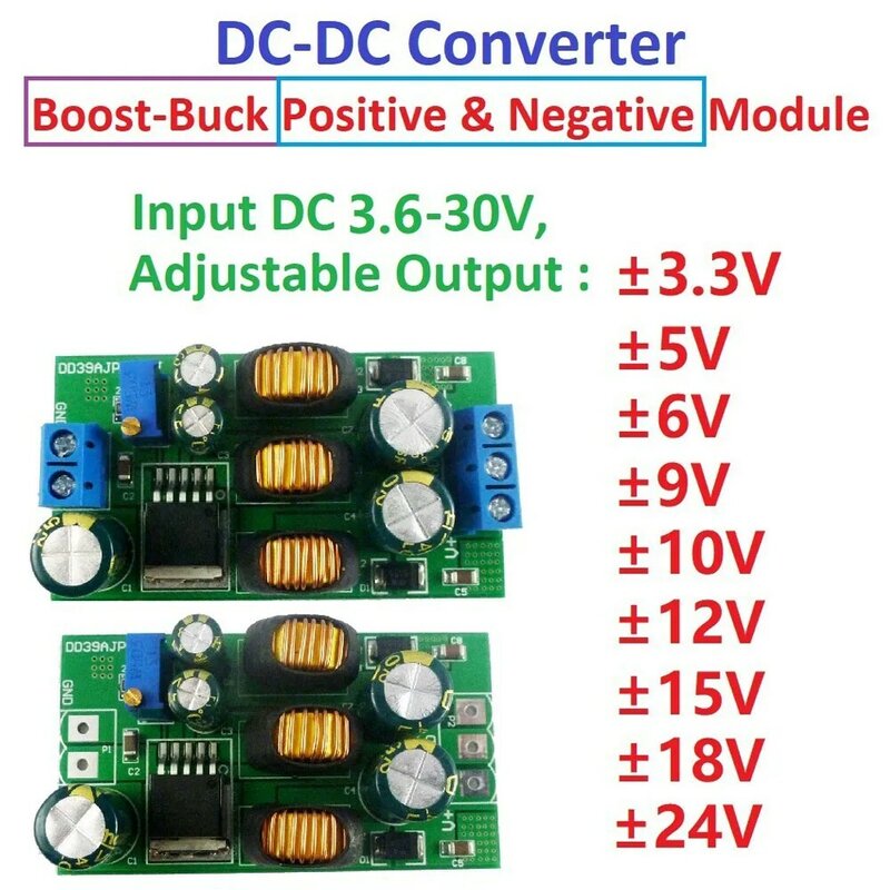 DC 3.6-30V 20W untuk ± 5V/6V/9V/10V/12V/15V/24V suplai daya Output ganda positif negatif DC Step-up modul konverter Boost-Buck
