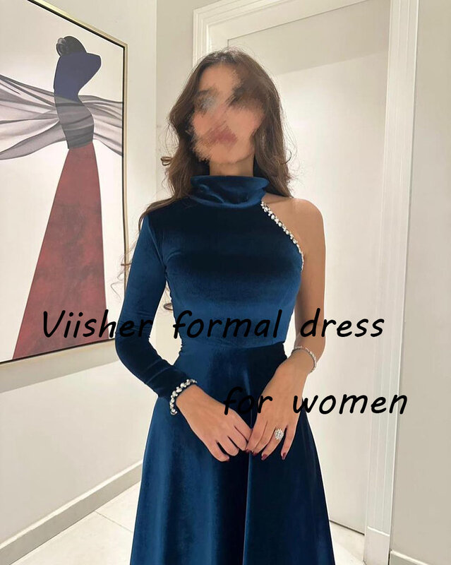 Blue Velvet A Line Evening Dresses for Women One Sleeve Sequins Beaded Velour Formal Prom Dress Floor Length Evening Party Gowns