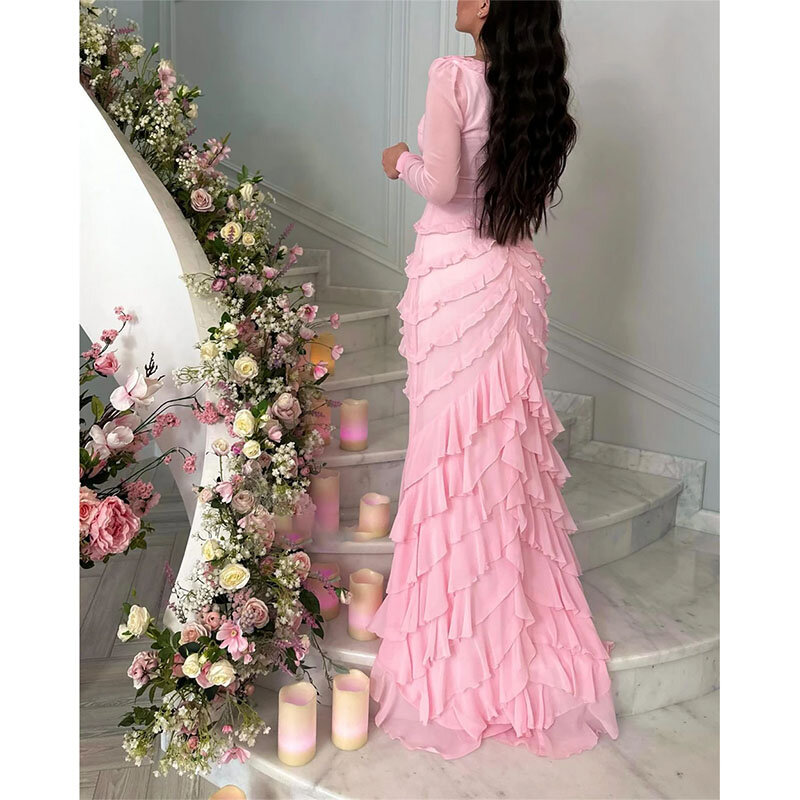 Gaun Prom A-line elegan gaun pesta Ruched berlipat bahan sifon gaun acara khusus panjang Arab Saudi