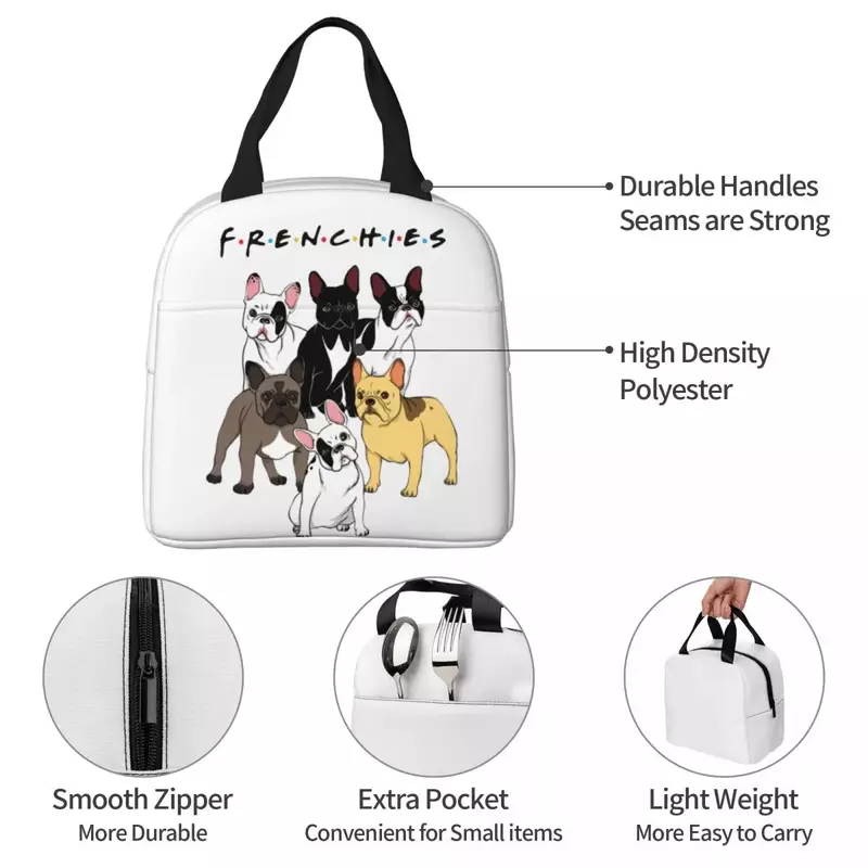 FRENCHIES Friends Insulated Lunch Bag Leakproof Funny Bulldog Dogs Reusable Thermal Bag Tote Lunch Box Picnic Food Storage Bags