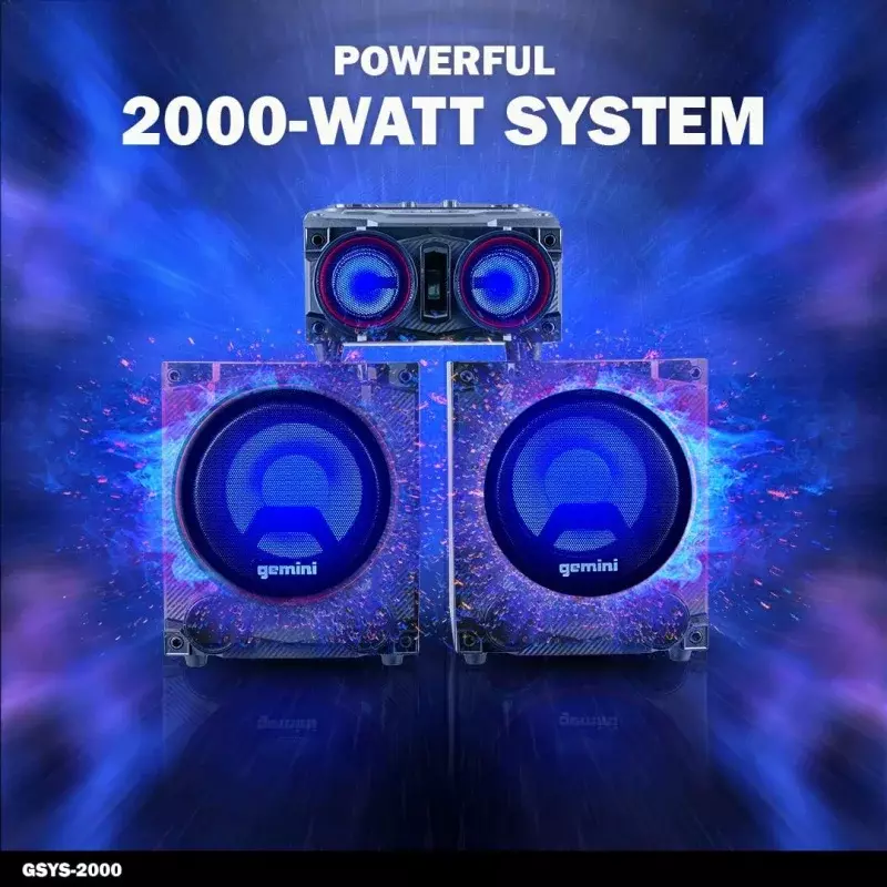Gemini Sound GSYS-2000 Bluetooth LED Party Licht Stereoanlage und Heimkino-Audiosystem mit 2000W Watt Bücherregal Lautsprecher
