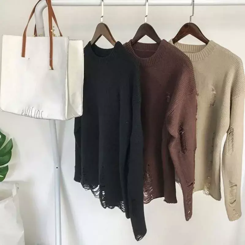 Ripped Loose Sweater Knitted Pullover Cutout Beggar Crew Neck Long Sleeves Trend Korean Style Can Be Worn By Men and Women Punk