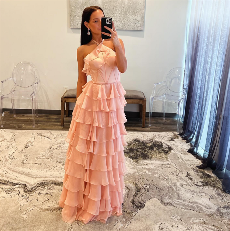 ピンクのオーガンザのイブニングドレス,フラウンス,フォーマルなイブニングドレス,結婚式,空中ブランコ,2024
