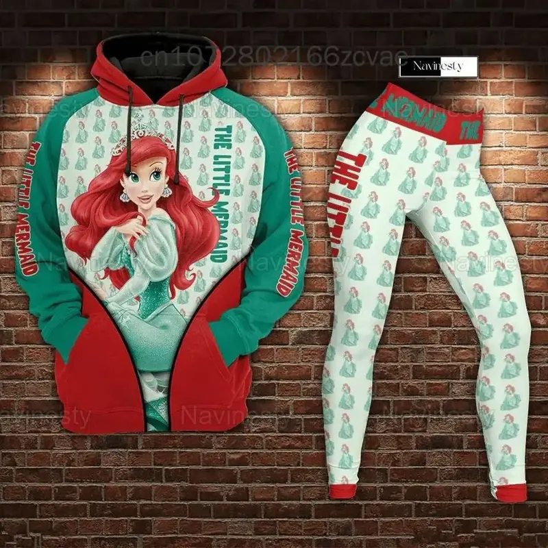 Disney-Sudadera con capucha 3D de la princesa Ariel para mujer, traje de princesa Ariel, pantalones de Yoga, chándal, traje deportivo de moda, novedad de 2024