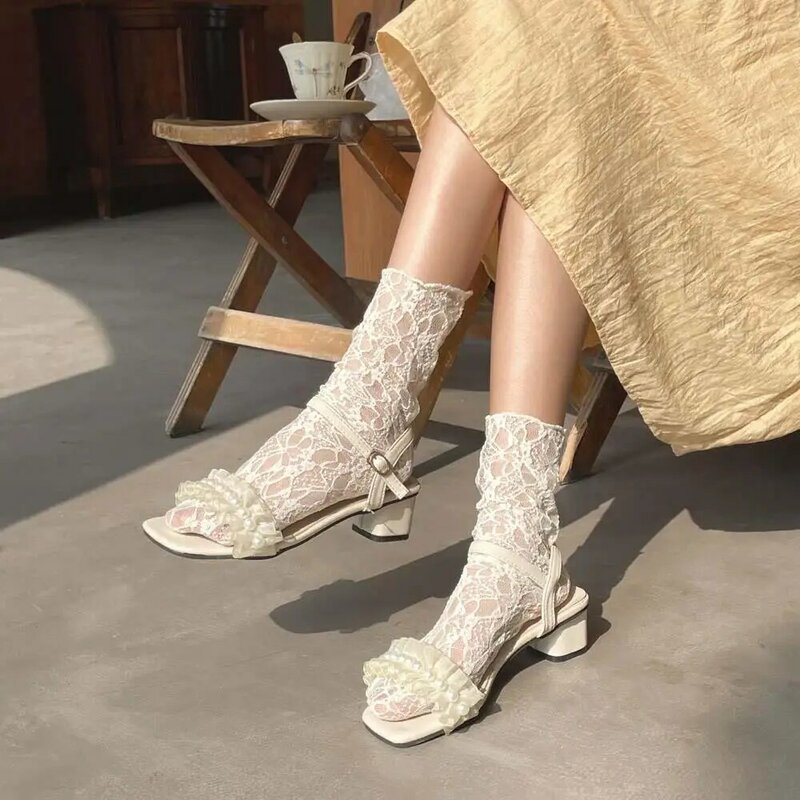 Женские носки с цветочным принтом, корейские сетчатые кружевные чулки JK, Чулки с ворсом