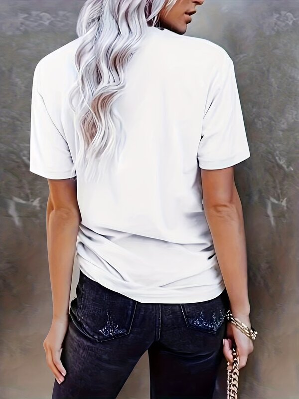 컬러풀 레터 프린트 크루넥 티셔츠, 캐주얼 반팔 상의, 여성 의류, 용수철 및 여름
