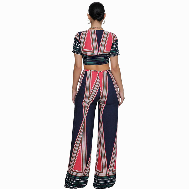 Conjunto de dos piezas para mujer, traje Sexy de manga corta con cuello en V y cordones, estampado a rayas, pantalón informal ajustado, 2024