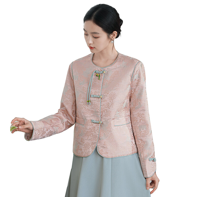 Miiiix 2024 nowy chiński modny płaszcz damski wiosenny żakardowy jednorzędowy Top z okrągłym dekoltem odzież damska