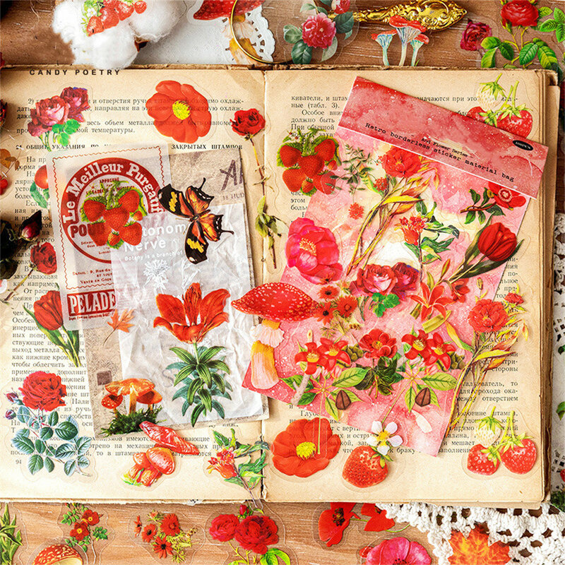 100 sztuk/worek naklejki botaniczne 6 stylów Vintage estetyczne kwiaty ręcznie konto materiał Scrapbook dekoracyjne naklejki papeterii