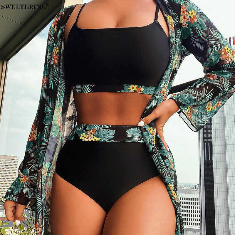 SWELTERING-Conjunto feminino de biquíni impresso, cintura alta, Split Swimwear, top de manga comprida, maiô, 3 peças, novo