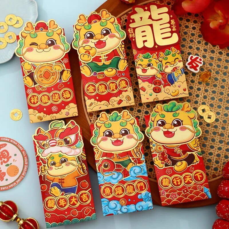 6 buah amplop merah Tahun Baru Tiongkok 2024 Tahun Naga Tiongkok lucu kartun keberuntungan uang merah kantong dekorasi Festival Musim Semi