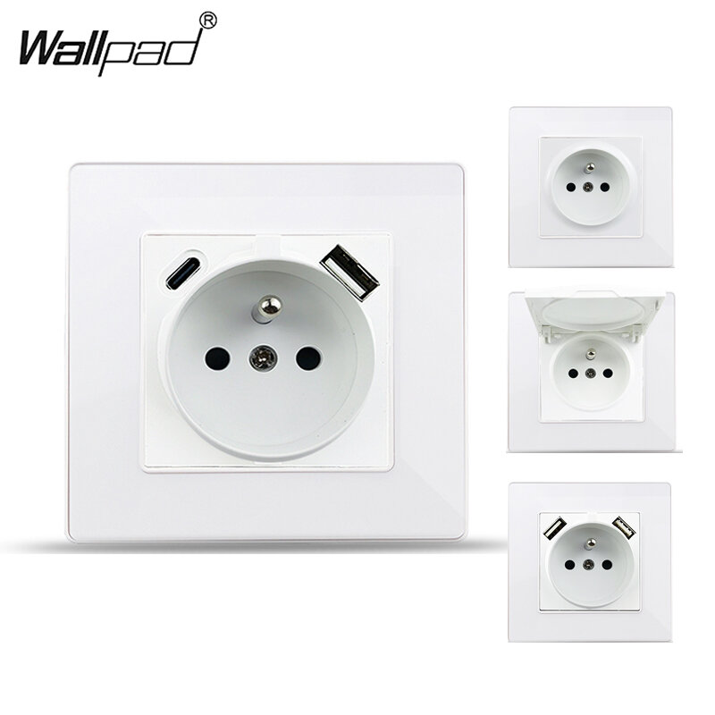 220V 16A EU French Belgium Poland Wallpad White Acrylic Glass Frame Electrical Power Sockets with Double USB Type A C Outlet