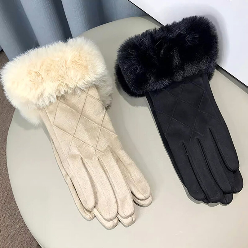 Solid Color Suede Mitten Fashion Women Fluffy Plaid Glove Winter Thick Warm Full Finger Gloves Outdoor Windproof Cycling Mittens