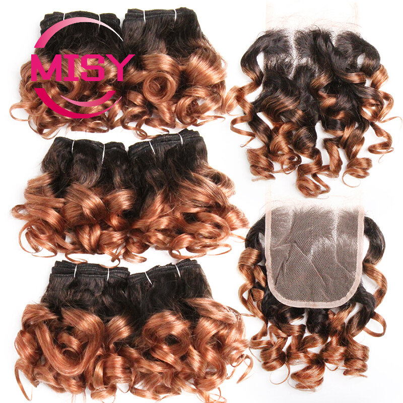 Bundel rambut keriting Brasil jalinan rambut manusia 6 bundel dengan penutup renda berwarna 1B/27/30/33/99j ekstensi rambut pendek untuk wanita