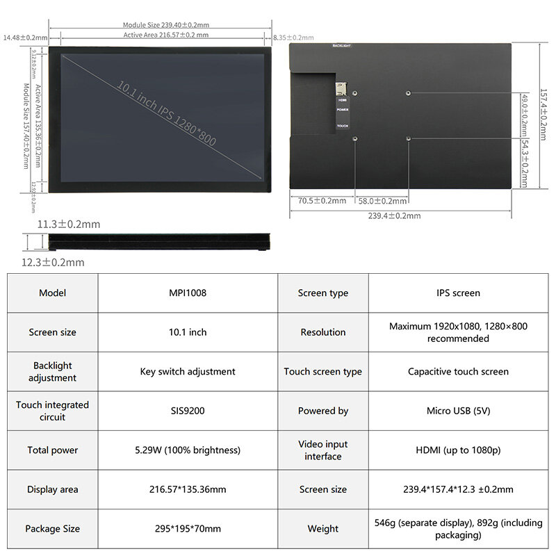 Kapazitives 10,1-Zoll-Touchscreen-LCD-Display mit hoch auflösender Halterung für Himbeer-Pi-Jetson-Nano/Orin-Nano/Orin-NX