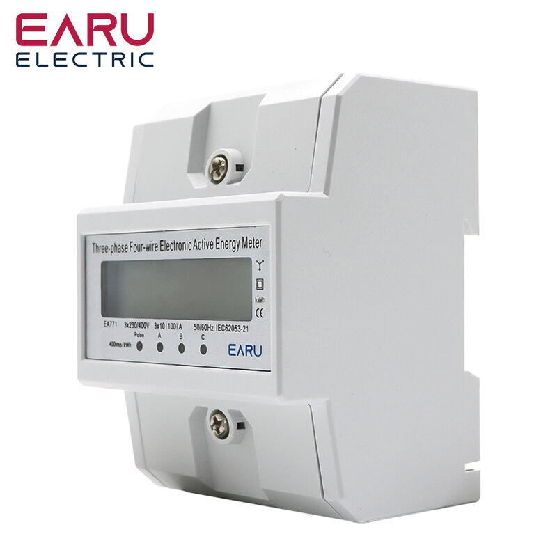 Din Rail AC 230 380V 3 Phase 4 Wire Energy Meter Power Consumption Monitor kWh Meter Wattmeter Bivolt 100A 50/60Hz LCD Backlight