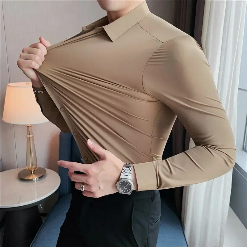 6XL Seamless Elastic Men's Dress Shirts Non Ironing New Solid Color Silk-like Tops Business & Professional Male High-end Shirt
