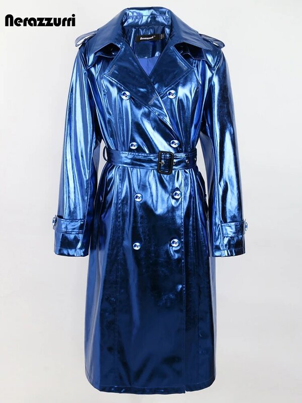 Nerazzurri 여성용 롱 샤이니 에나멜 가죽 트렌치 코트, 반사 띠, 더블 브레스트, 유럽 패션 2022, 봄 가을