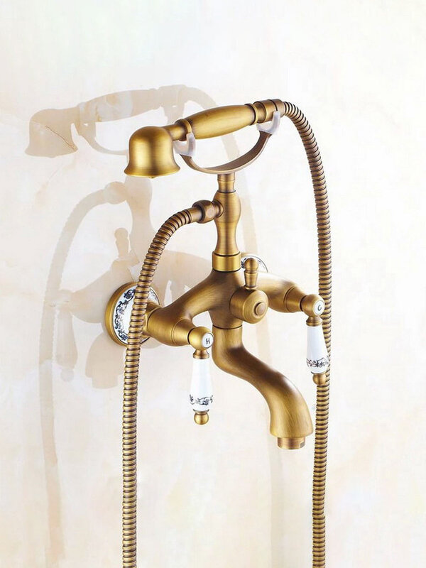 Bak Mandi Faucets Dinding Mounted Antique Kuningan Bathtub Faucet dengan Tangan Pancuran Shower Mandi Pancuran Faucets Ntf311