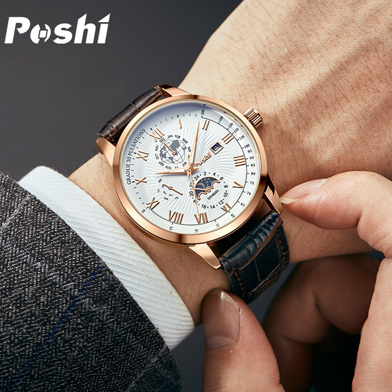 Szwajcarska marka POSHI zegarek męski modny Top luksusowy zegarek męski sportowy wodoodporny świetlista skóra data zegarki kwarcowe człowiek zegar