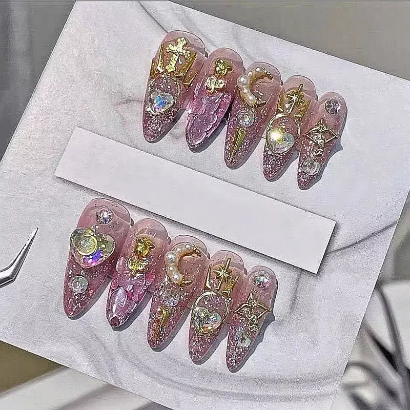 Glittery Rhinestone naciśnij na paznokcie Y2K Handmade różowy sztuczne tipsy Art wielokrotnego użytku długi Stiletto trumna fałszywy paznokci z klejem prezent