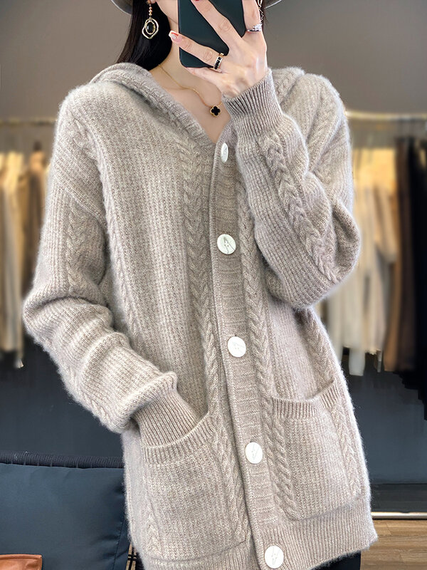 Cardigan à capuche en pure laine pour dames, manteau optique, pull en tricot avec poche torsadée, automne et hiver, nouveau, 100%