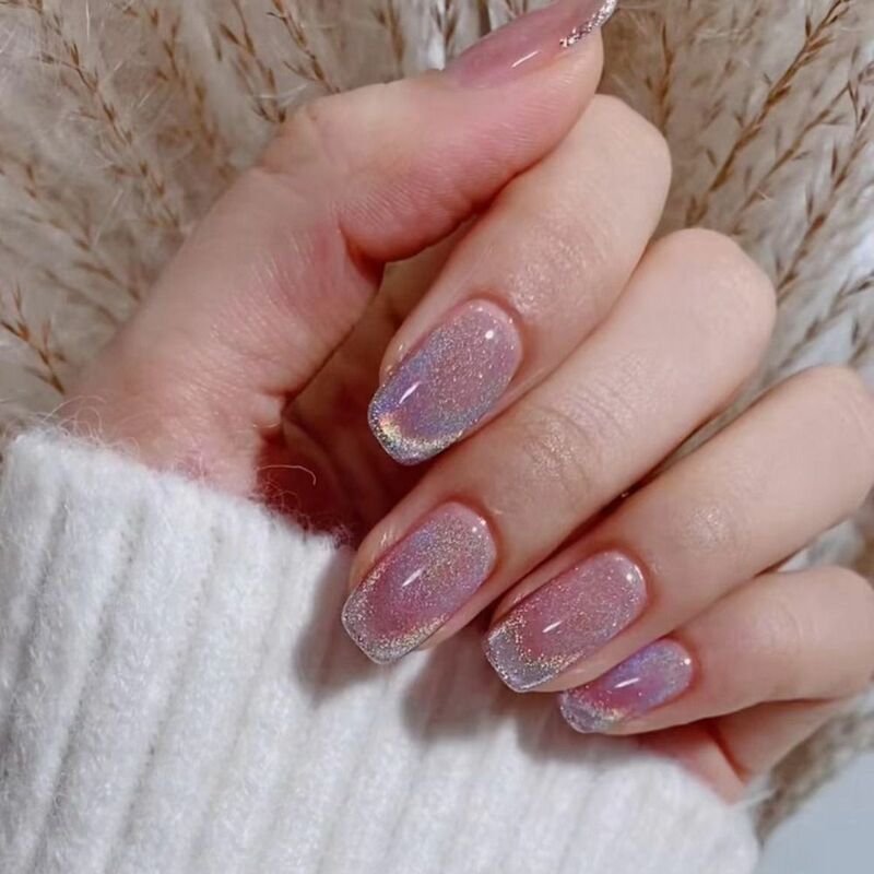 사각형 가짜 손톱 프랑스 발레 네일, 흰색 가장자리 핑크, 오로라 고양이 눈 가짜 손톱, 풀 커버 프레스 네일 팁, 24 개