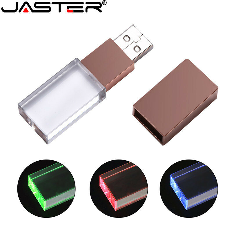 JASTER-Crystal USB Flash Drives, Memory Stick, Pen Drive LED azul, Gravação a Laser 3D, Presentes de Casamento Criativos, Disco U, 32GB, 64GB, 128GB