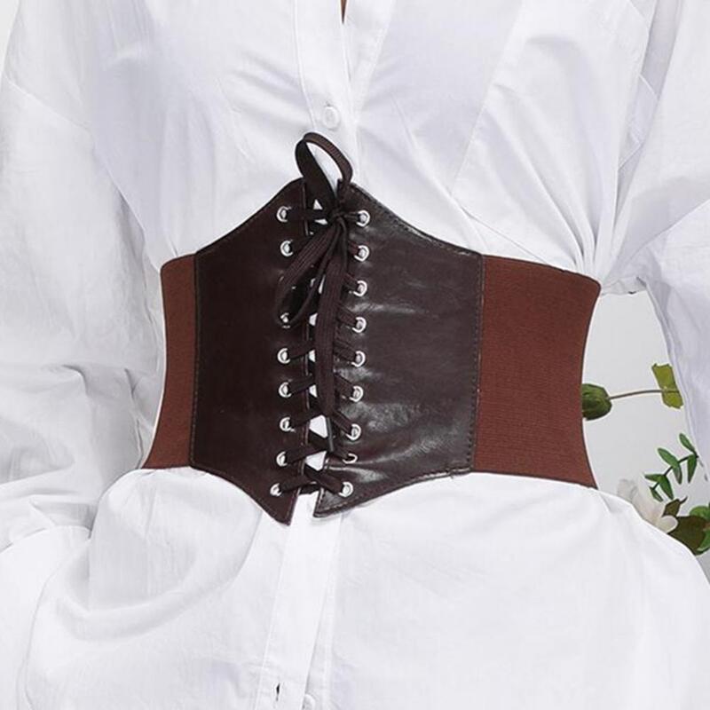 Korset gaya Vintage elegan Lace-up sabuk korset untuk wanita ikat pinggang elastis lebar kulit imitasi tubuh pinggang untuk kemeja