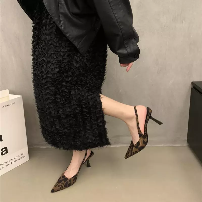 2024 Summer Leopard Pointed Toe Women Sandals Fashion Slip on Slingbacks Shoes Ladies Sexy Heel Party Dress Sandalias