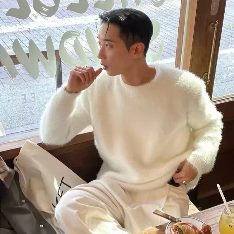 HOUZHOU Mohair Sweaters Men Korean Thicken Warm Knitting Autumn Winter Loose Casual Long Sleeve Pullovers Fleece Streetwear