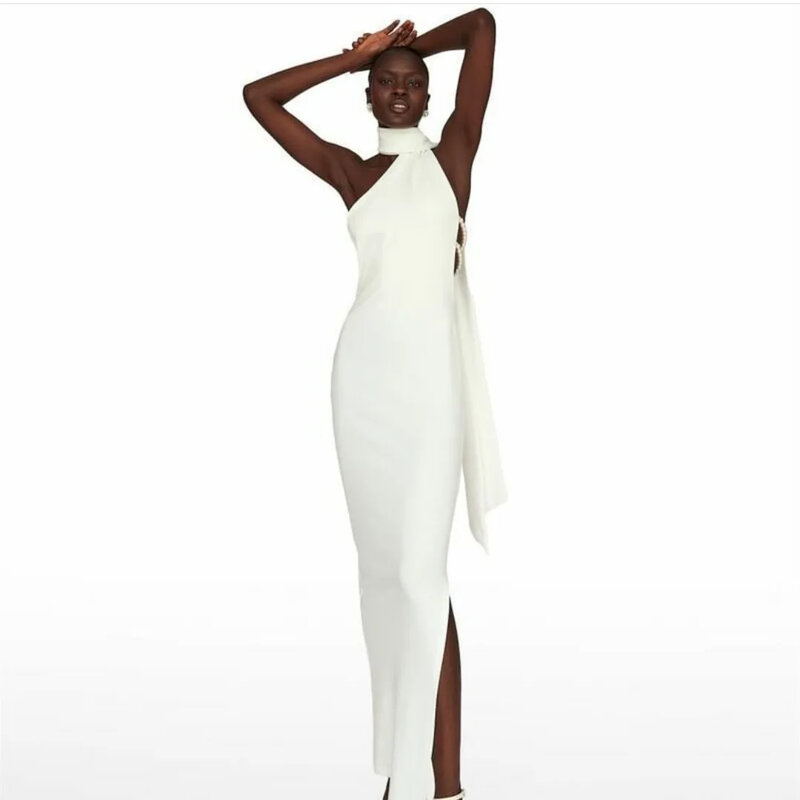 Женское атласное вечернее платье с открытой спиной, белое платье-футляр с высоким воротником и жемчужинами, платье для выпускного вечера