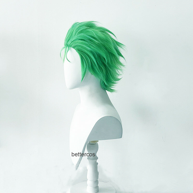 Peluca verde de Anime con parte trasera cortada, capa corta, Roronoa Zoro Comic, pelucas de Cosplay + gorro de peluca