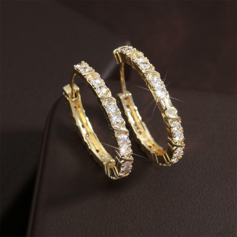 Gold Color Zircon Cross X Hoop Earrings for Woman Luxury Statement Jewelry Wedding Party Crystal Christmas New Year Accessories