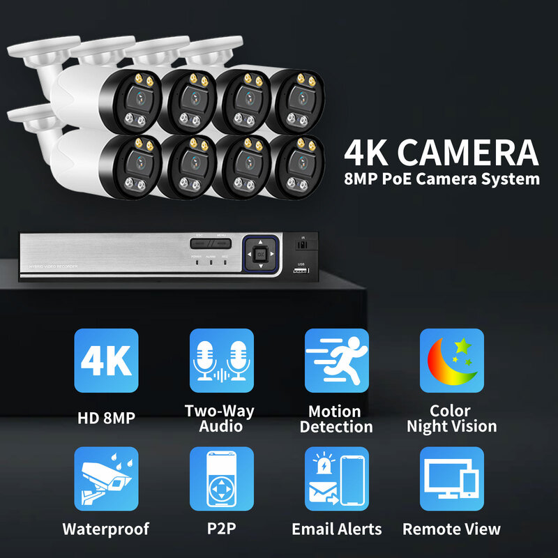 Azishn 4K Bewakingscamera 8CH Hd Poe Nvr Kit P2P Twee Weg Audio Cctv Video Surveillance Set Whit nachtzicht Ip 8MP Camer