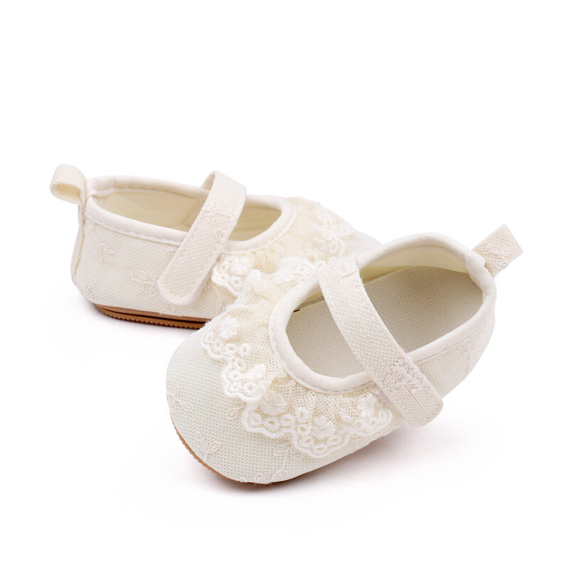 Zapatos planos de encaje con volantes para niñas recién nacidas, zapatillas de vestir de princesa, zapatos de cuna antideslizantes, 0 a 18M