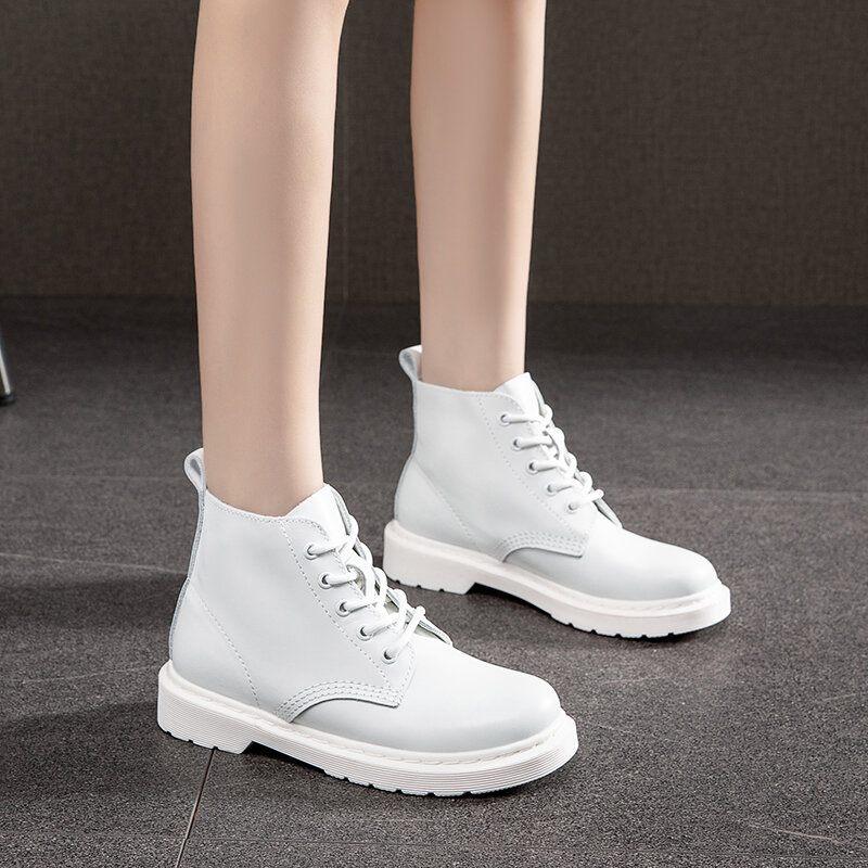 Soft Split Leather Women White Ankle Boots Female Autumn Winter Shoes Woman Punk Motorcycle Boots Spring Winter 35-44