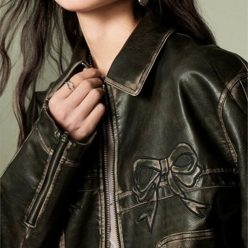 Veste en cuir PU Y2K Bow Sweet Cool pour femme, col polo, manteau à glissière de moto, vintage, rue, surdimensionné, nouvelle mode, 2024