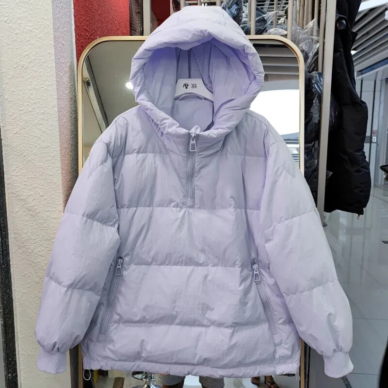 2023 단색 심플 출퇴근 한국 버전 다운 코튼 코트, 겨울 루즈 숏 풀오버 스웨터, 두껍고 따뜻한 코튼 코트